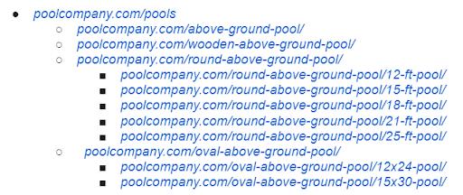 Content silo diagram for a swimming pool site, with a top-level pools page branching into pool type and accessory pages