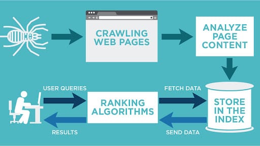 Diagram of Google crawling a site and indexing its pages before they appear in the SERPs