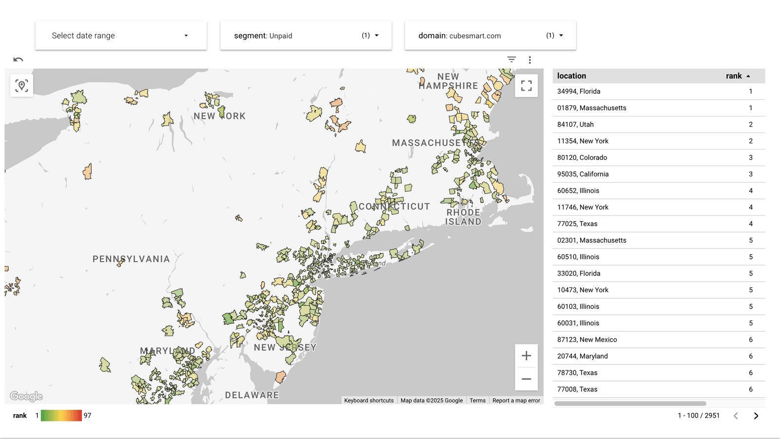 Geo Ranking Report in Looker Studio: a map of ZIP code areas shaded by rank next to a location and rank table
