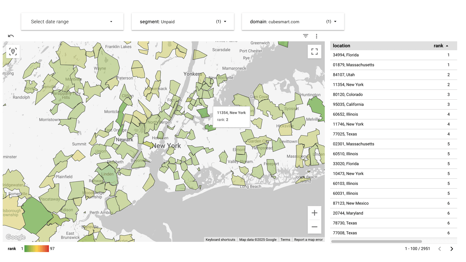 Geo Ranking Report map zoomed into the New York area, with a tooltip showing rank 2 for ZIP code 11354