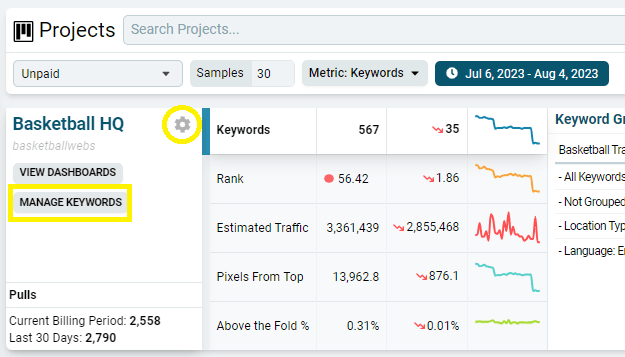 Settings cog and Manage Keywords button beside a project name