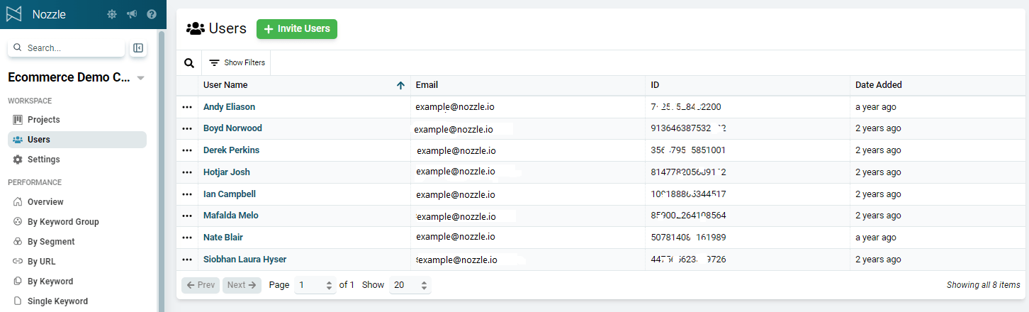 Users page with the button for inviting a workspace member