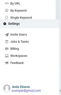 Settings section of the left navigation with Invite Users, Jobs & Tasks, Billing, Workspaces, and Feedback