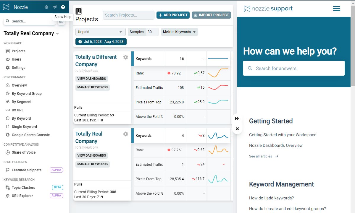 Nozzle Support panel open beside the app, with a search box and lists of help articles