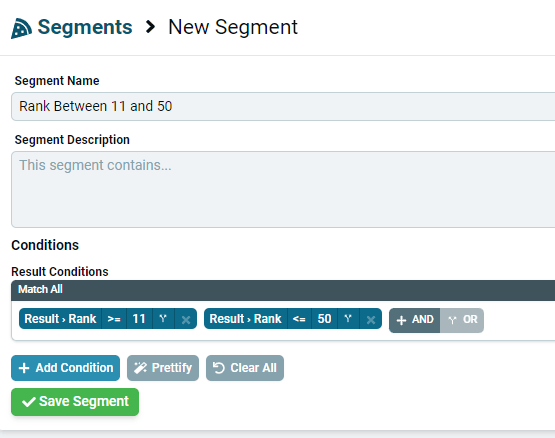 Segment conditions limiting results to ranks 11 through 50