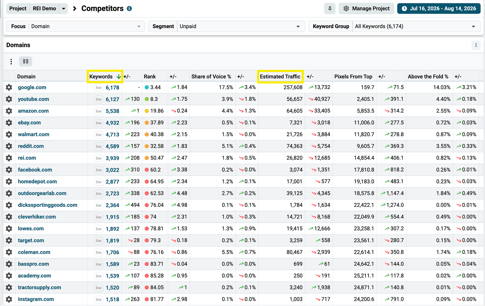 Domains chart at the bottom of the dashboard listing competing domains
