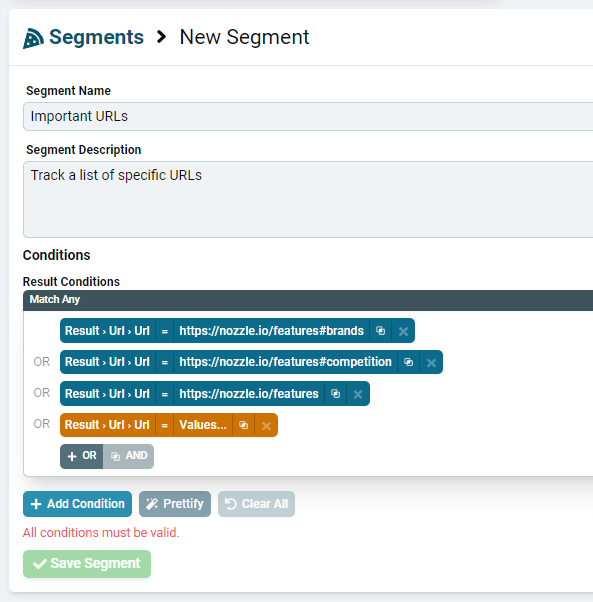 Segment builder with an Or condition added for each tracked URL