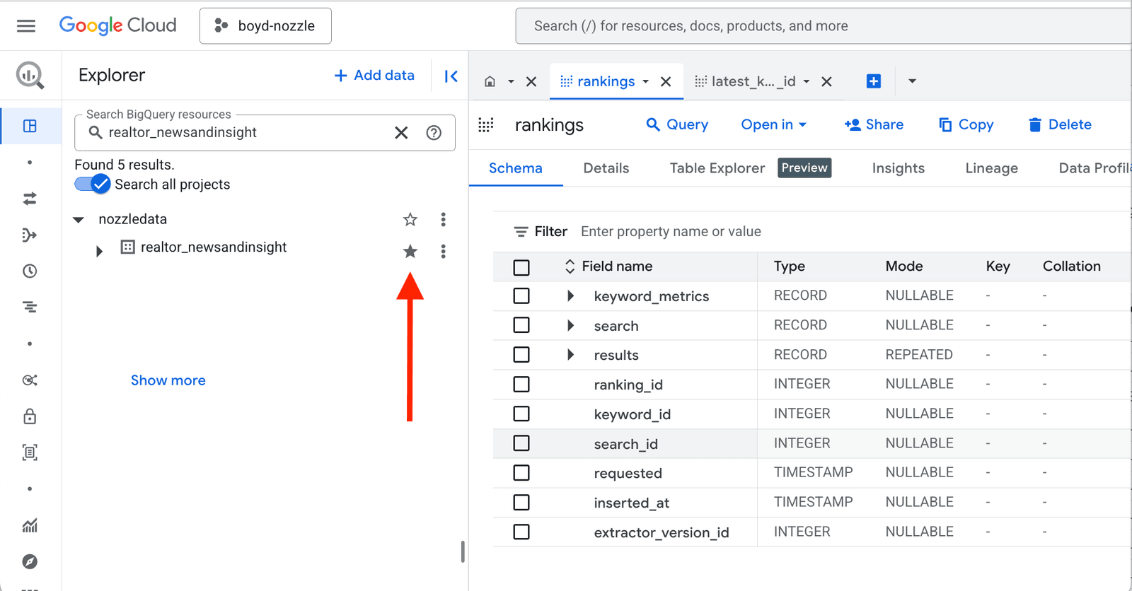 starring a nozzle data set in BigQuery
