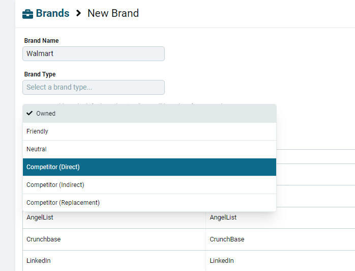 Brand Type set to a direct or indirect competitor on the Brands page