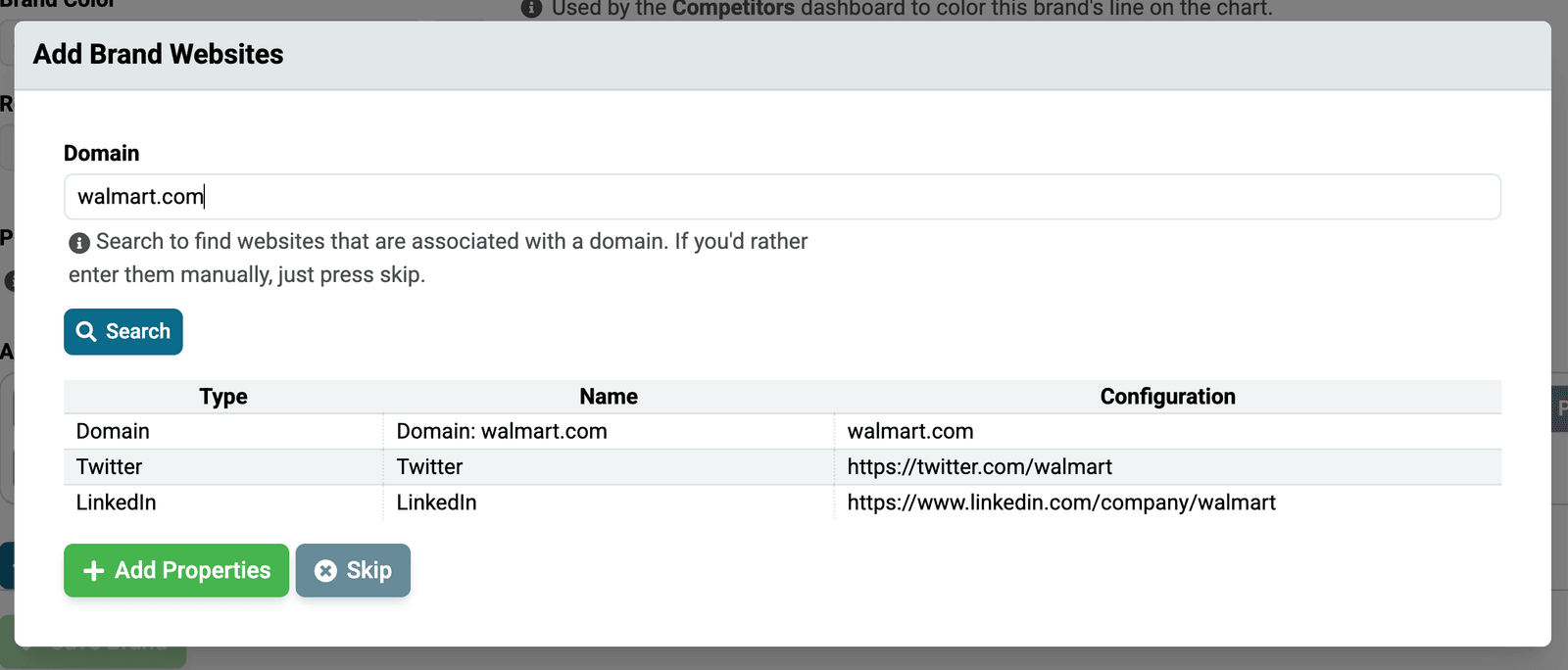 Competitor domain search results with the green +Add Properties button