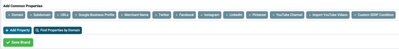 Add Common Properties and Add Property buttons for a competitor brand