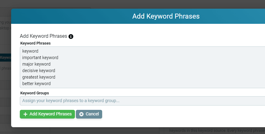 Add Keyword Phrases modal with keywords entered one per line