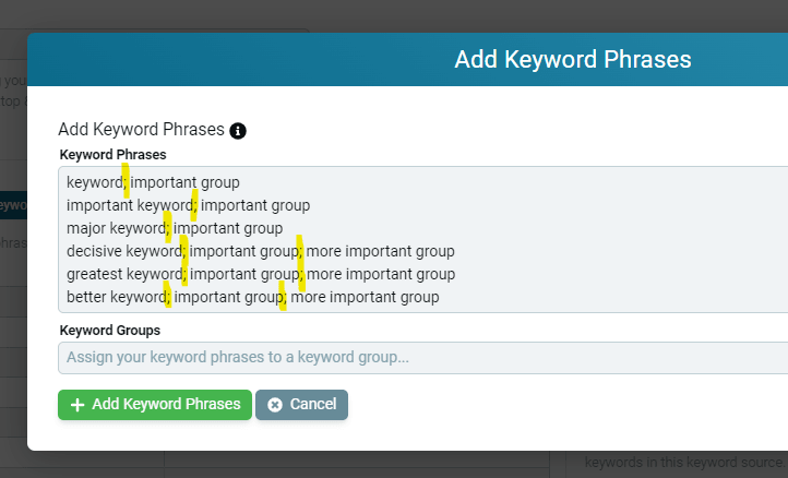 Keyword entry using semicolons to assign a phrase to several keyword groups