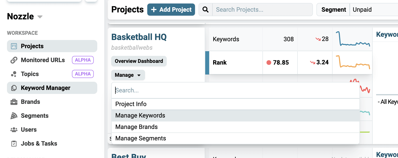 Manage Keywords option in the Manage dropdown on the Projects page