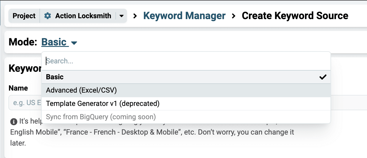 Keyword mode selector inside the Keyword Manager