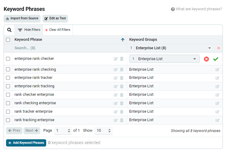 Editing a phrase's keyword groups in the Keyword Phrases table