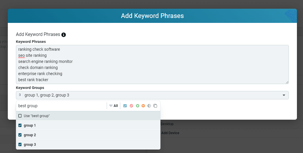 Keyword Groups field in the Add Keyword Phrases popup