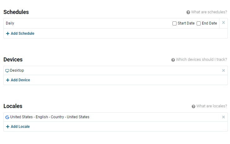 Schedule, device, and locale controls for the keyword set