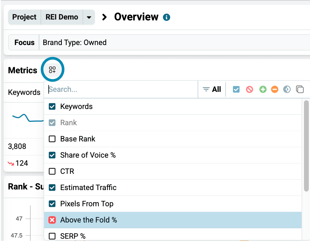 Grid icon beside the word Metrics that opens the metrics picker