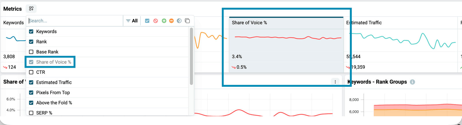 Metrics picker with the active metric's checkbox greyed out so it cannot be removed