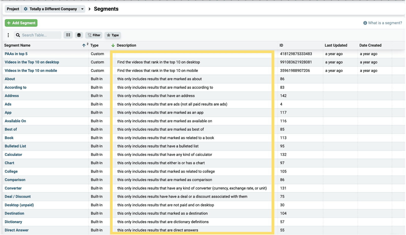 List of built-in segments, each with a short description