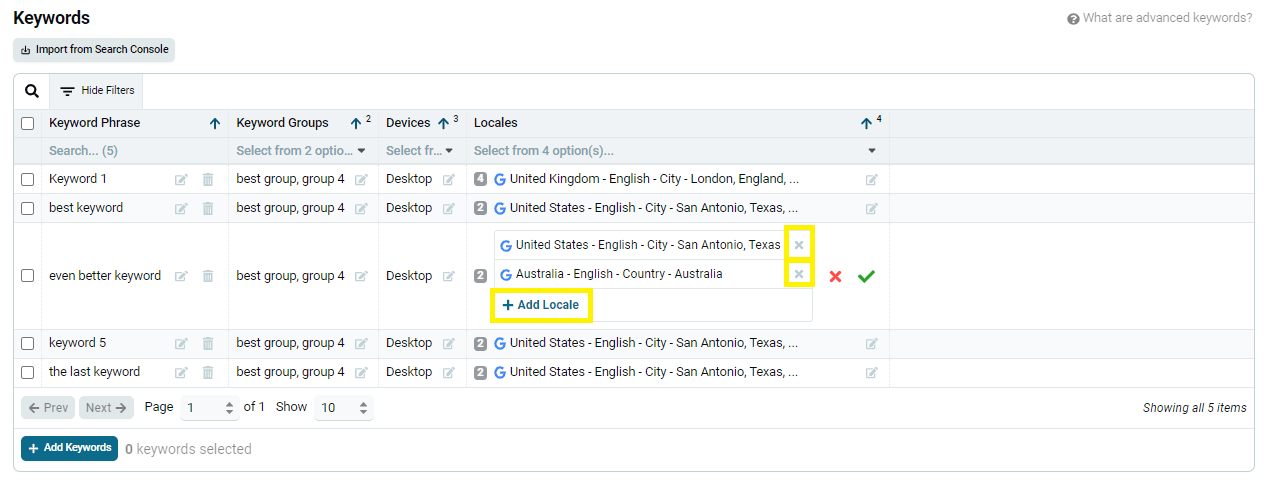 Expanded locale list for one keyword, with options to add or remove locales