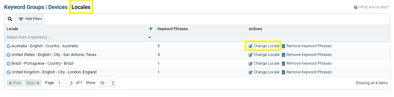 Locales tab in the Keyword Groups, Devices, and Locales switcher