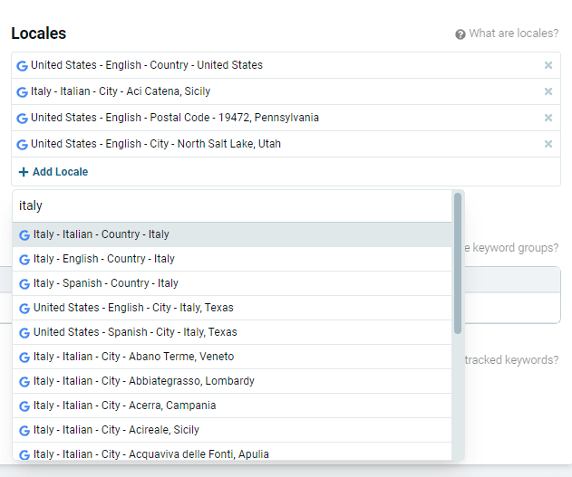 Locales section of the Keyword Set page in Basic mode