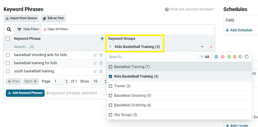 Keyword Groups filter selecting the group to combine