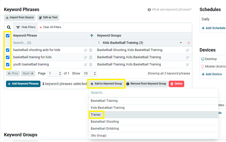 Add to Keyword Group button above the selected keywords