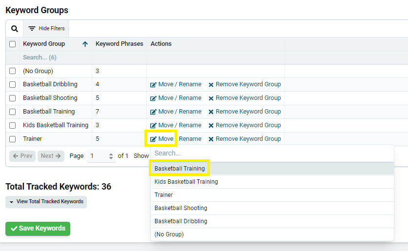 Confirmation prompt for moving a keyword group into another