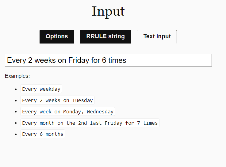 Text Input mode of the RRULE generator