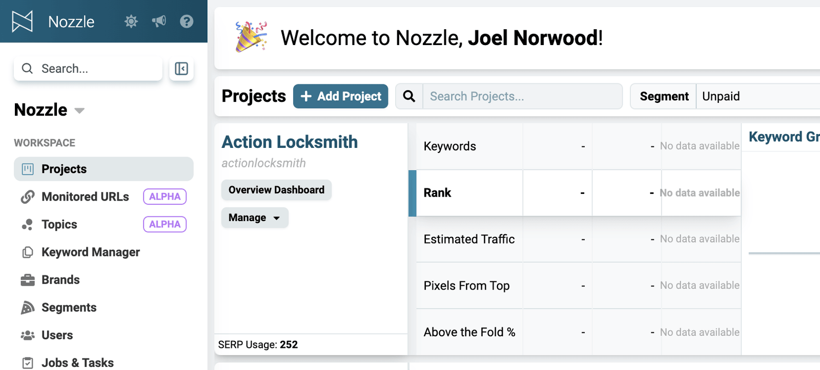 Add Project button at the top of the Projects page
