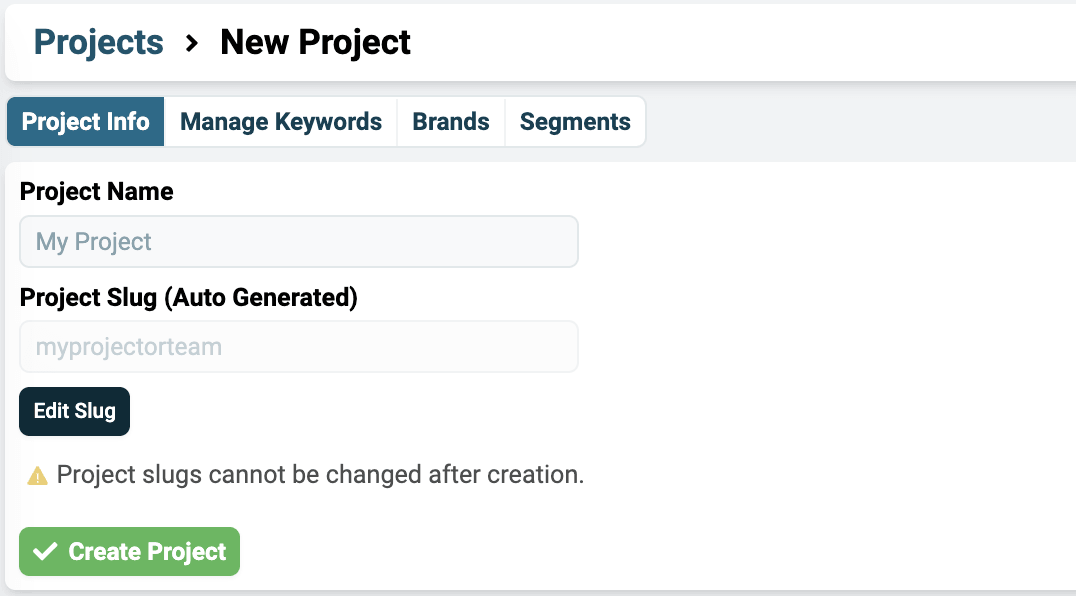 Project Name field with the Project Slug generated from it
