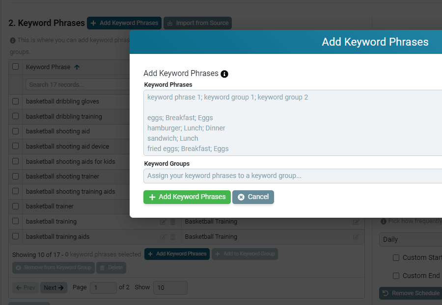 add keyword phrases popup