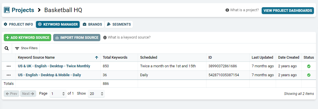 Keyword Set selection in the Keyword Manager