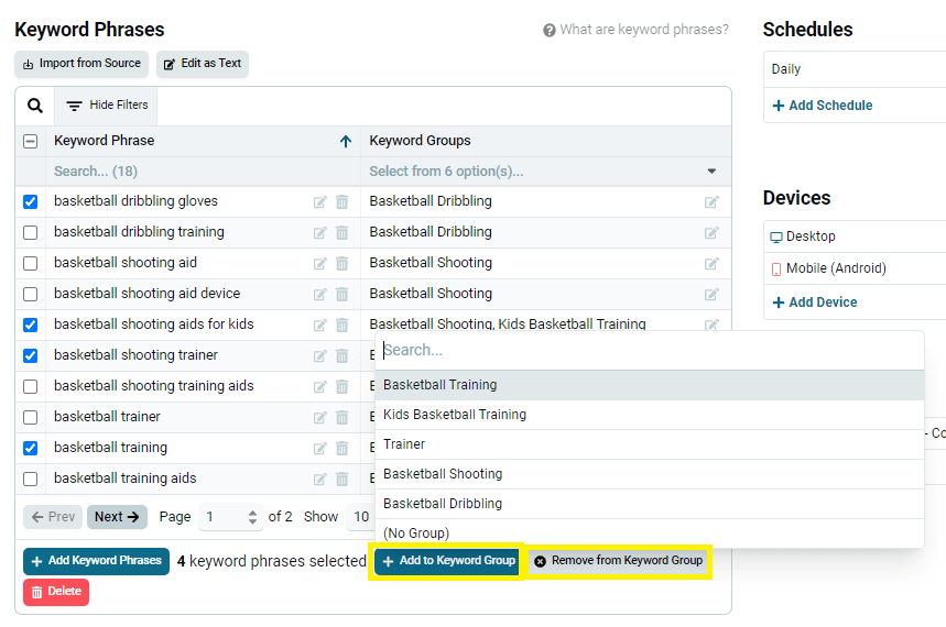 Buttons for adding and removing keyword groups on the selected phrases