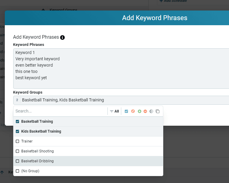 Keyword group selector in the Add Keyword Phrases modal