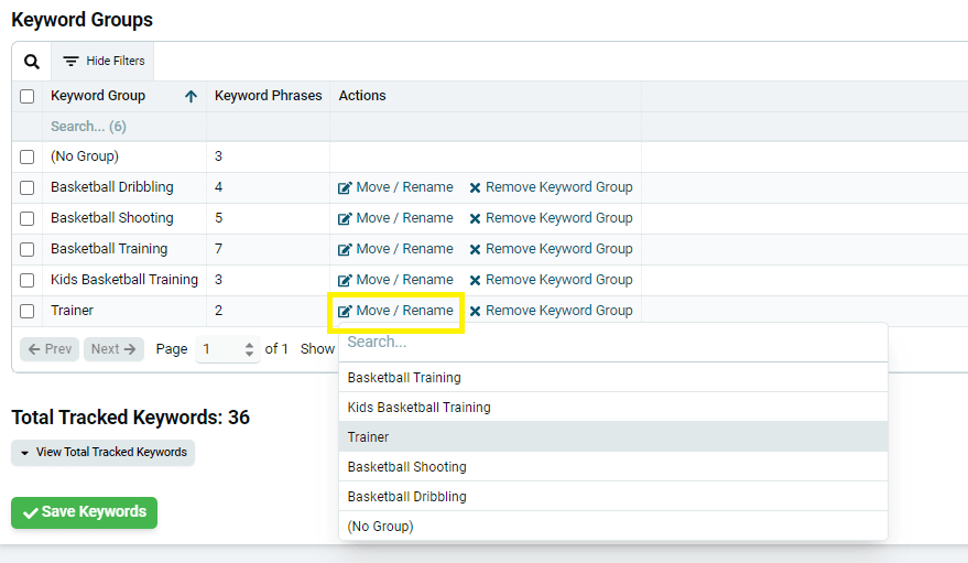 Keyword Groups table with rename, move, and remove options