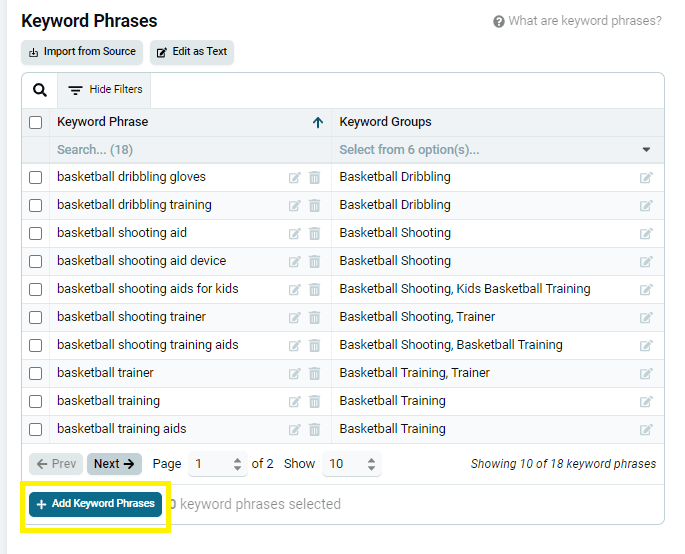 Add Keyword Phrases button in the Keyword Phrases chart