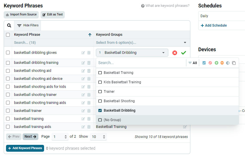 Green checkmark and red X for confirming a keyword group change