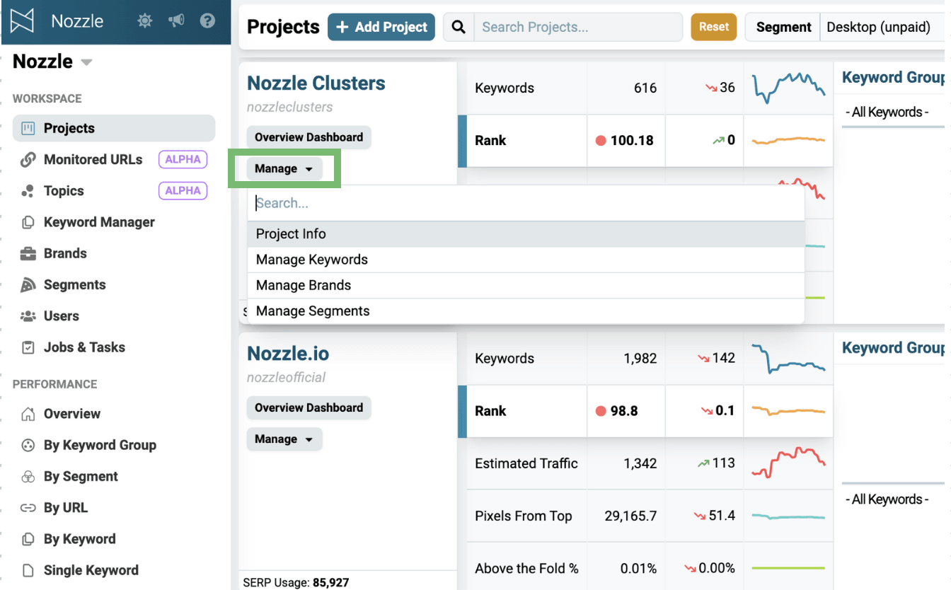 Manage dropdown on a project card