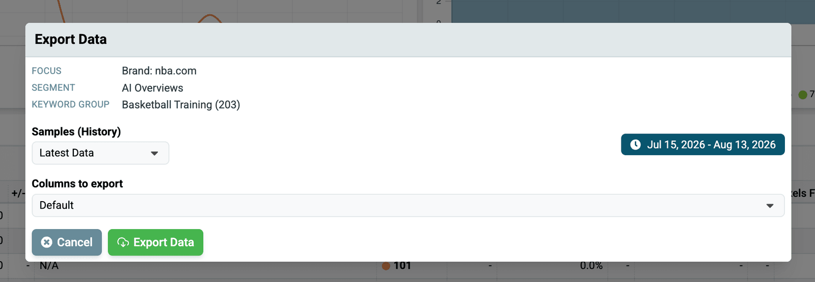 Export modal with fields for choosing which data to export