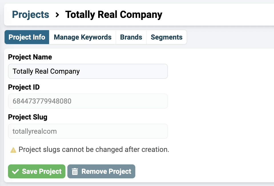 Project Info tab showing a project's slug and ID
