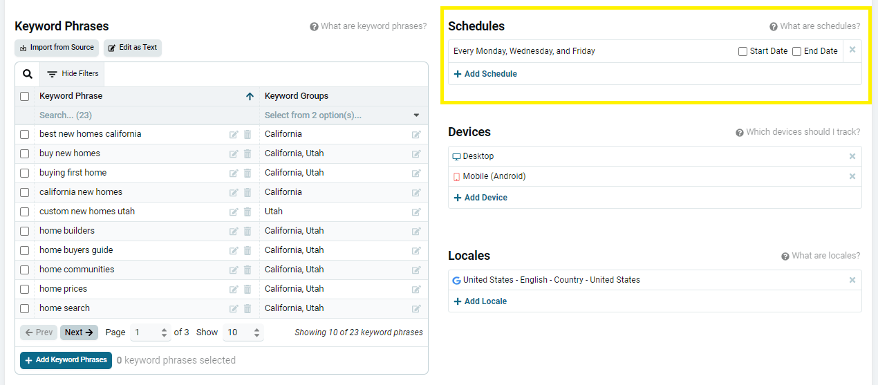 Schedules section of the keyword set