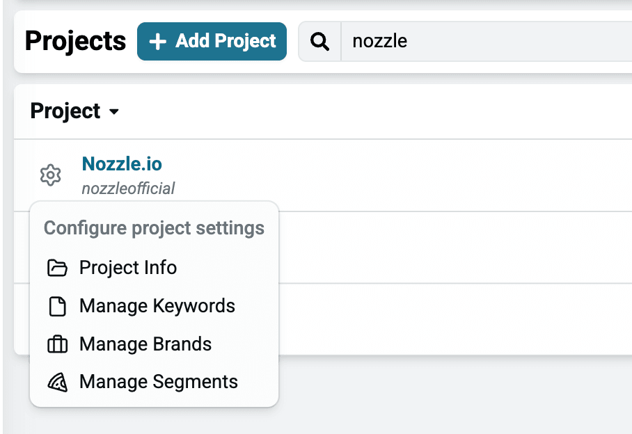 Settings cog beside a project on the All Projects dashboard