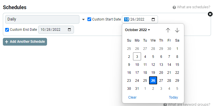 Custom start and end dates set on a tracking schedule