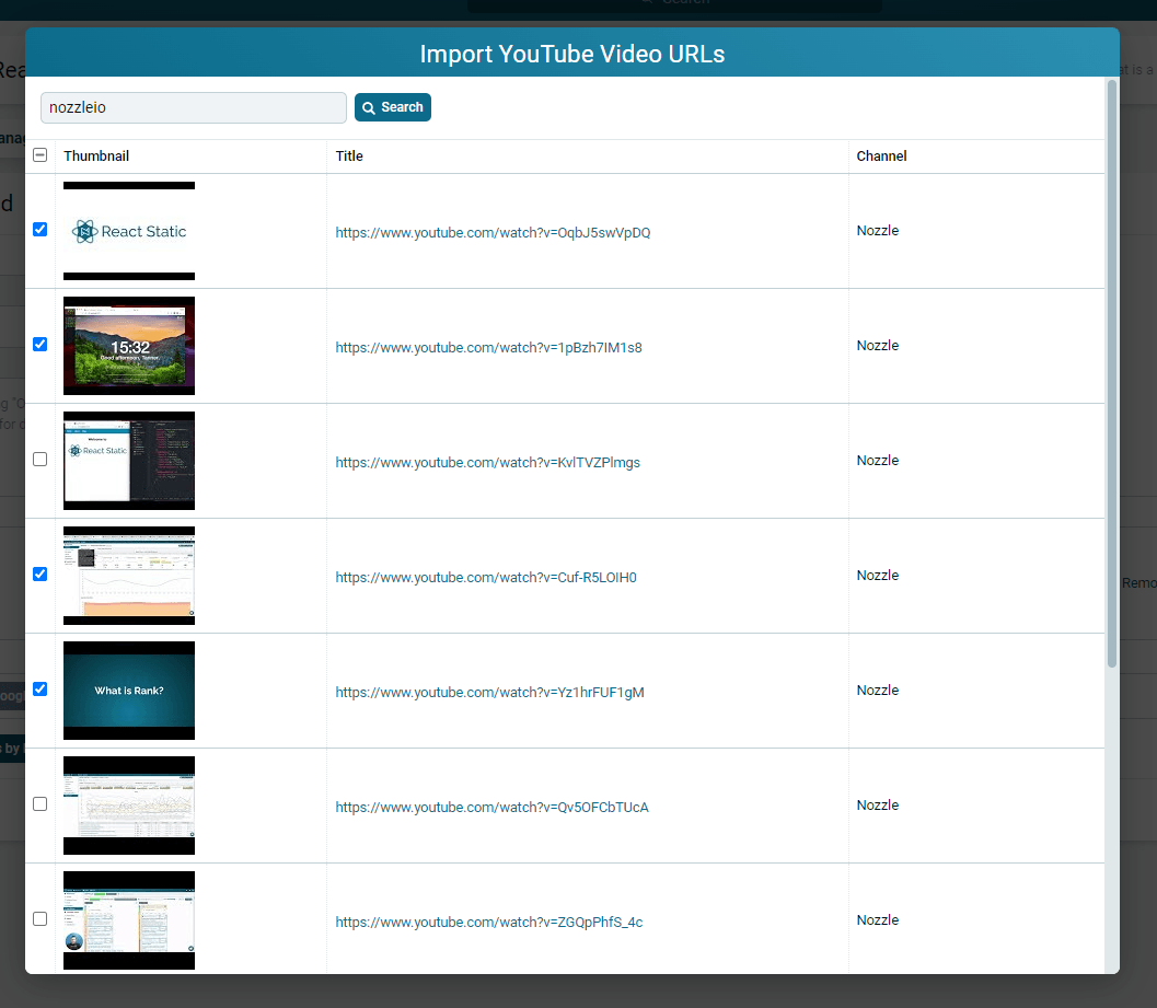 Channel videos listed with checkboxes for selecting which to track