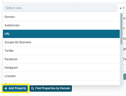 +Add Property menu with the URL property selected