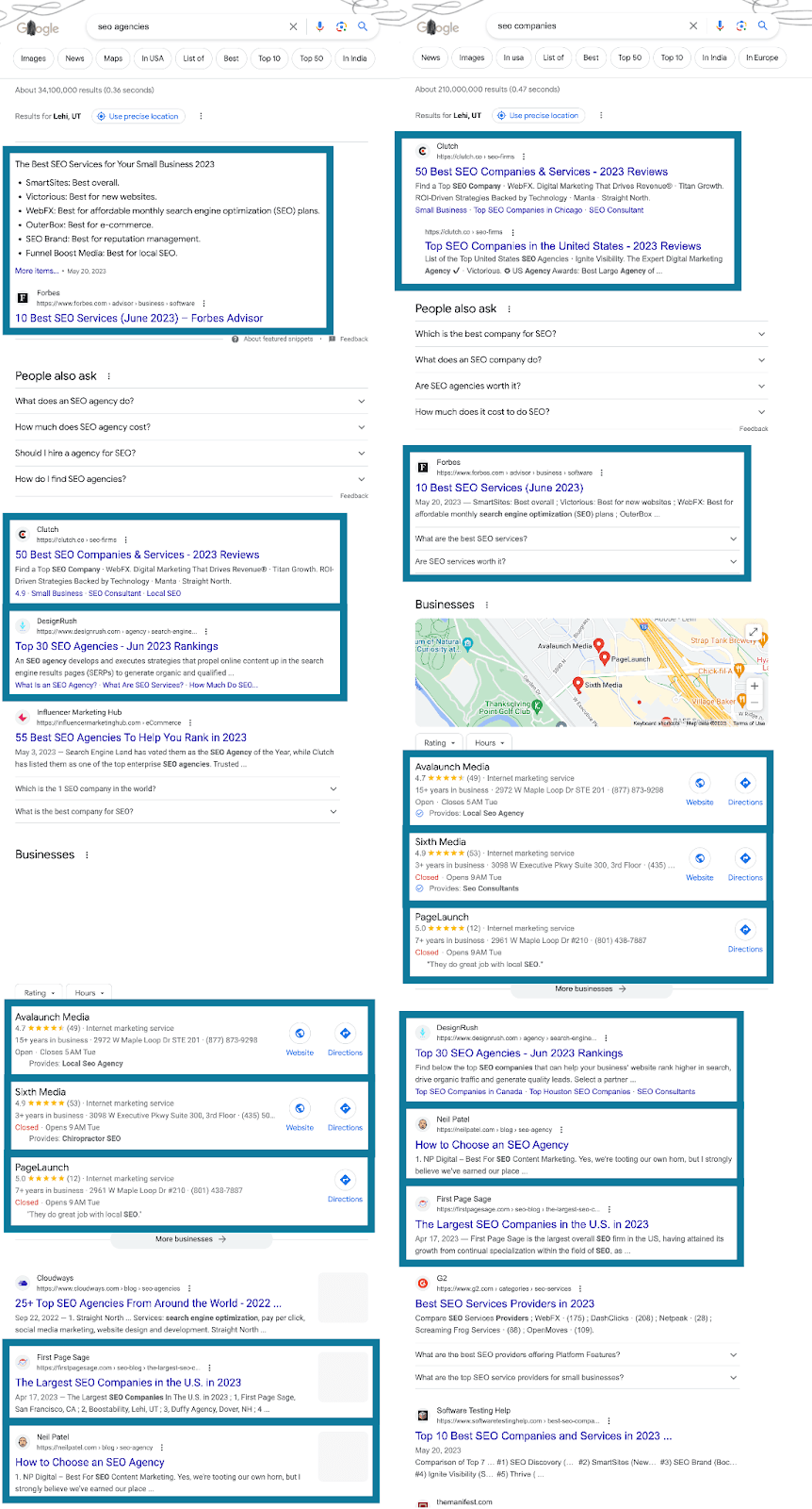 Side-by-side SERPs for two similar keywords, sharing 8 of the top 10 results